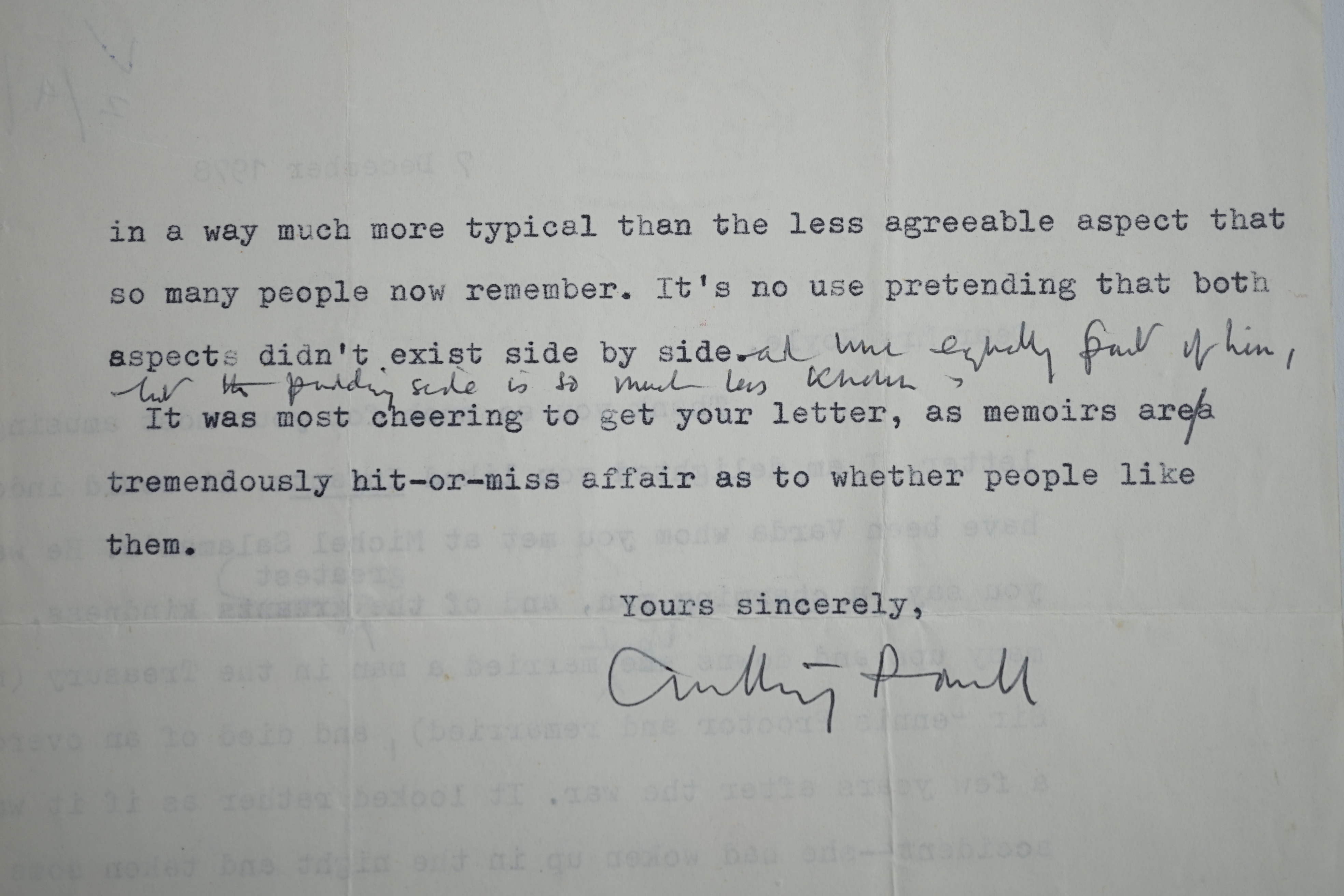 Anthony Powell (1905-2000). Typed letter with handwritten amendments and full signature, to a Mrs Hoyle, 7 December 1978. Discusses Infants of the Spring (1976), Messengers of Day (1978)